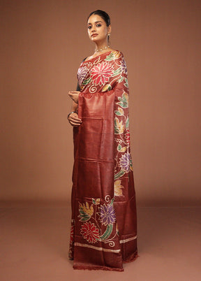 Purple Handloom Tussar Pure Silk Saree With Blouse Piece