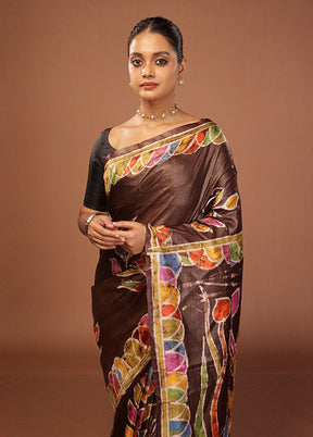 Black Handloom Tussar Pure Silk Saree With Blouse Piece