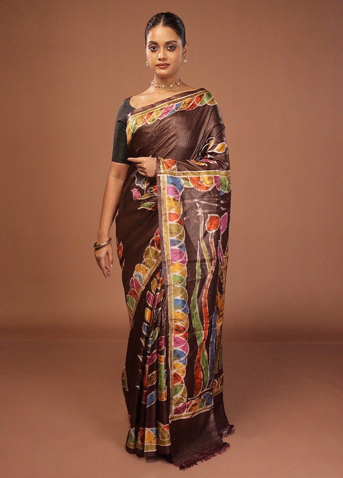 Black Handloom Tussar Pure Silk Saree With Blouse Piece