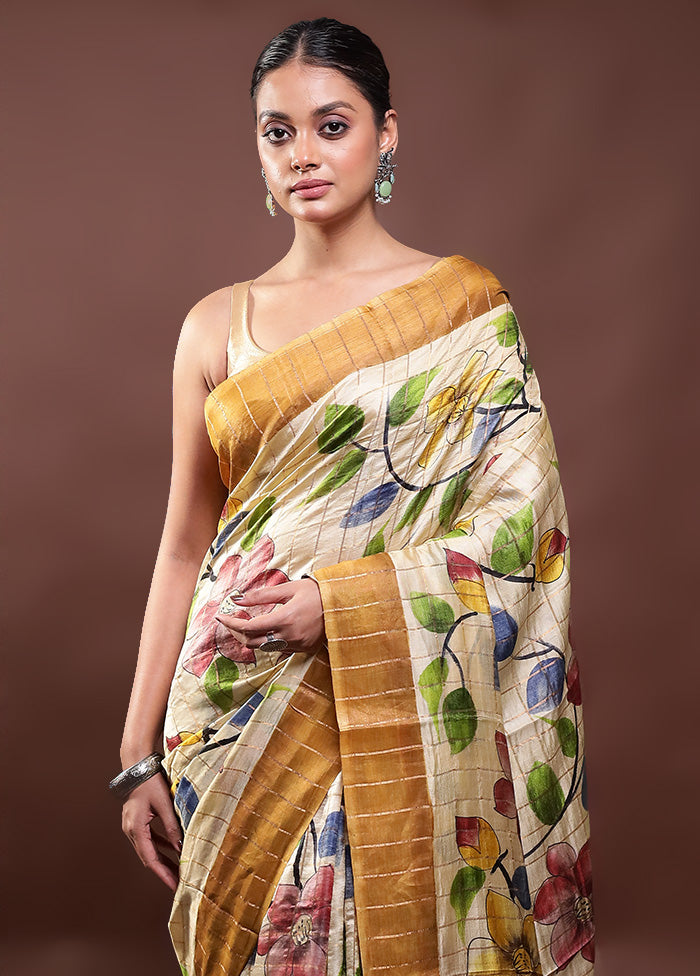 Cream Handloom Tussar Pure Silk Saree With Blouse Piece