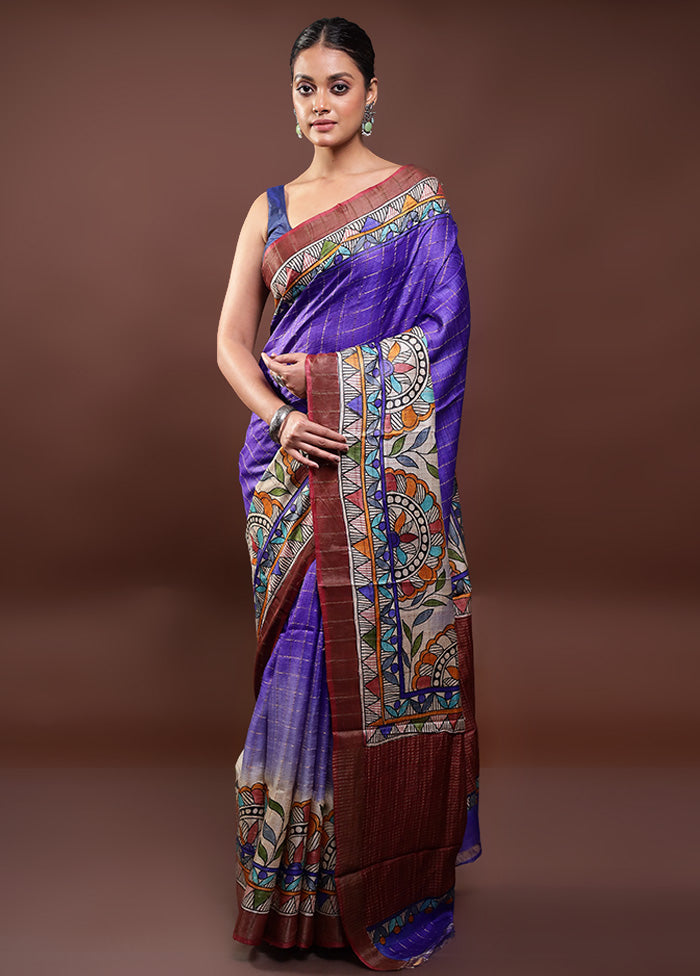 Blue Handloom Tussar Pure Silk Saree With Blouse Piece