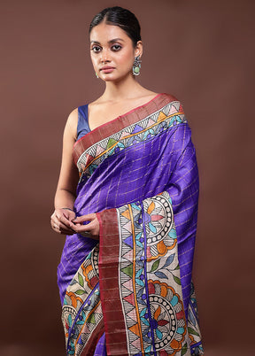 Blue Handloom Tussar Pure Silk Saree With Blouse Piece