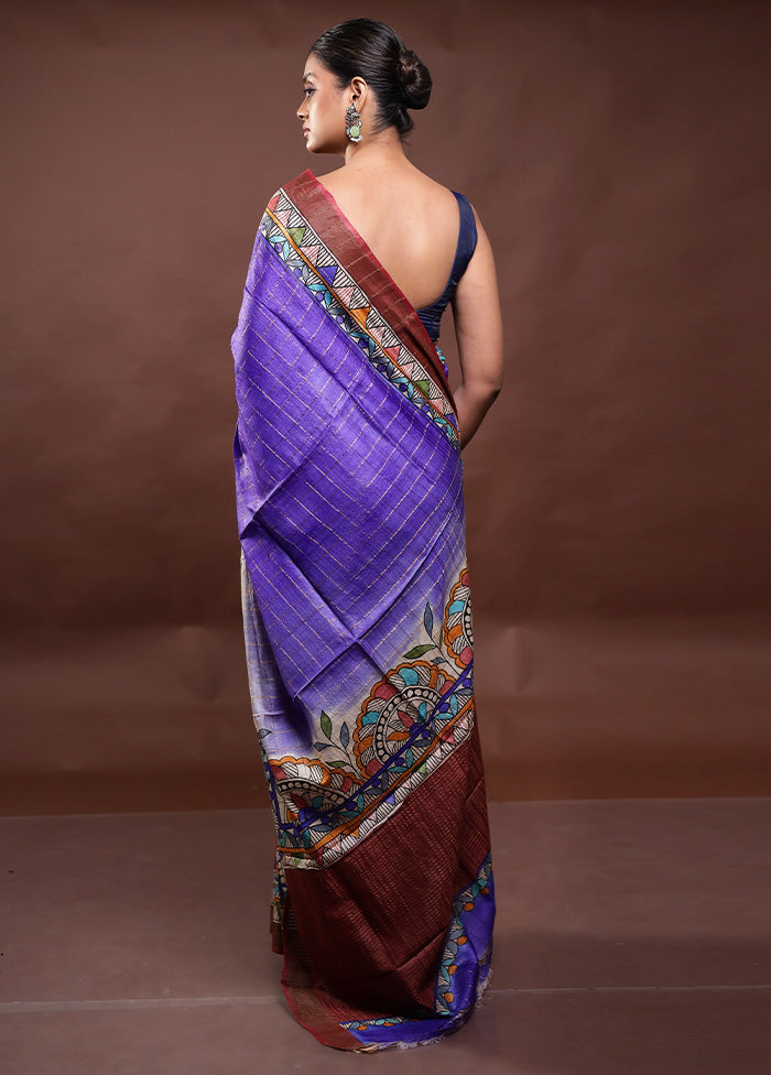 Blue Handloom Tussar Pure Silk Saree With Blouse Piece