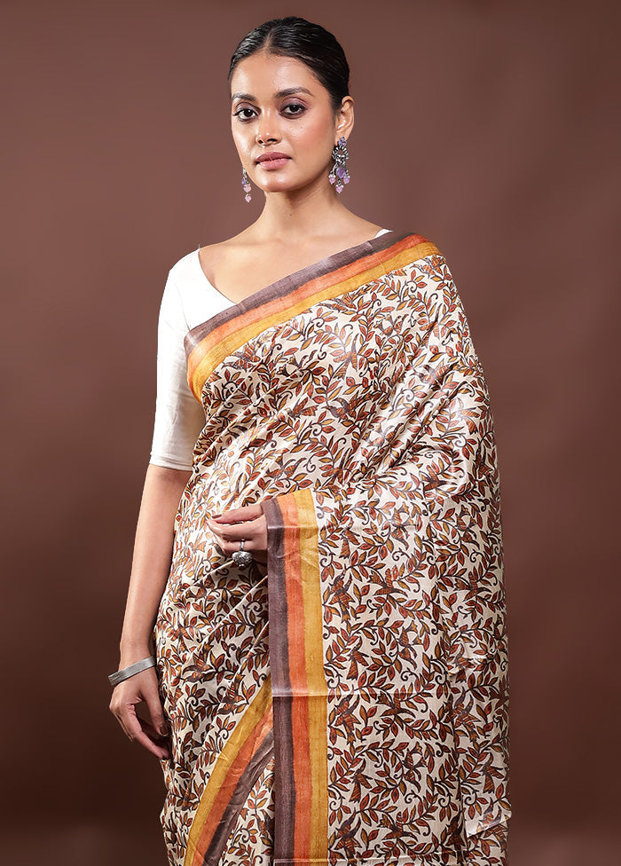 Cream Handloom Tussar Pure Silk Saree With Blouse Piece