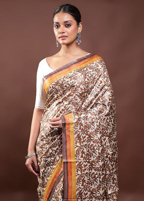 Cream Handloom Tussar Pure Silk Saree With Blouse Piece