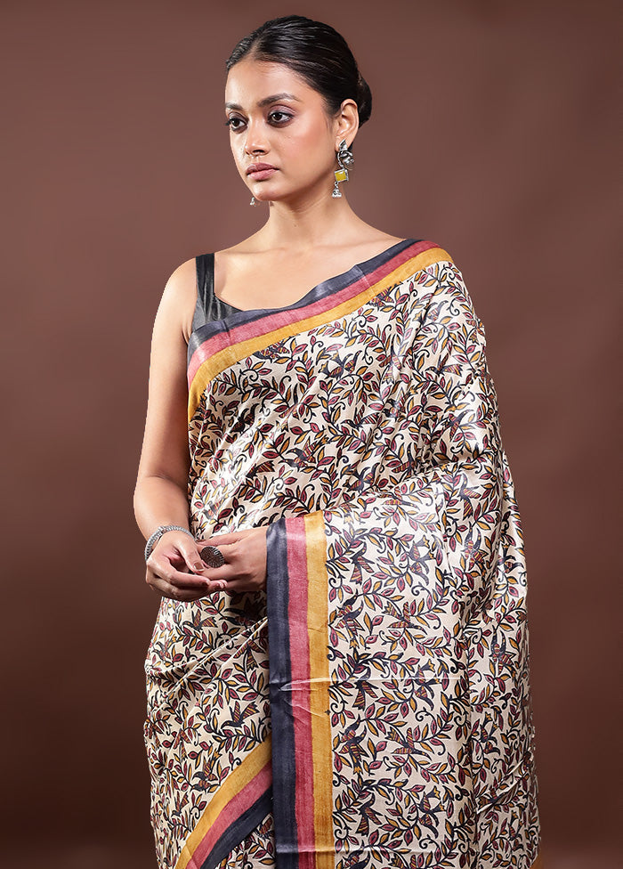 Cream Handloom Tussar Pure Silk Saree With Blouse Piece