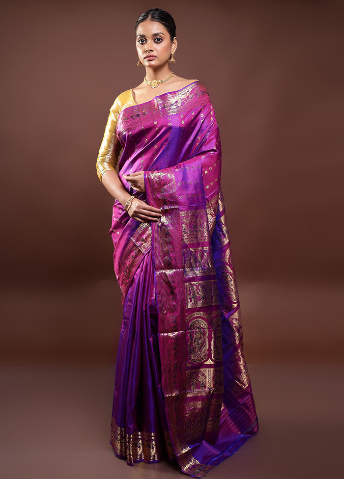 Purple Handloom Baluchari Pure Silk Saree With Blouse Piece