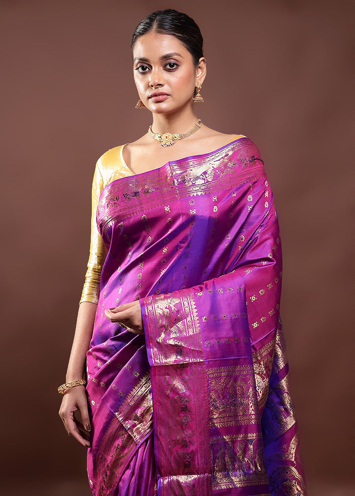 Purple Handloom Baluchari Pure Silk Saree With Blouse Piece