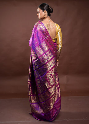 Purple Handloom Baluchari Pure Silk Saree With Blouse Piece