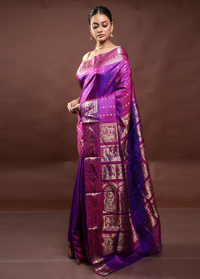 Purple Handloom Baluchari Pure Silk Saree With Blouse Piece