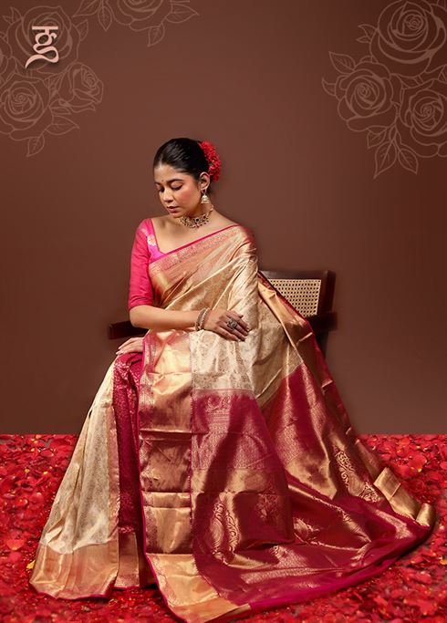 Cream Handloom Kanchipuram Pure Silk Saree With Blouse Piece