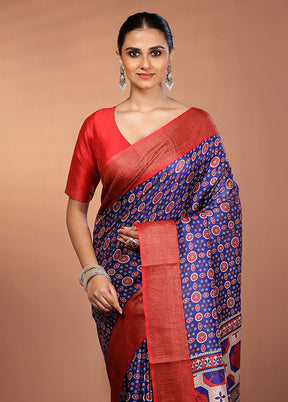 Blue Tussar Silk Saree With Blouse Piece