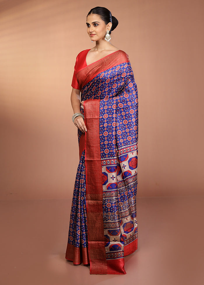 Blue Tussar Silk Saree With Blouse Piece
