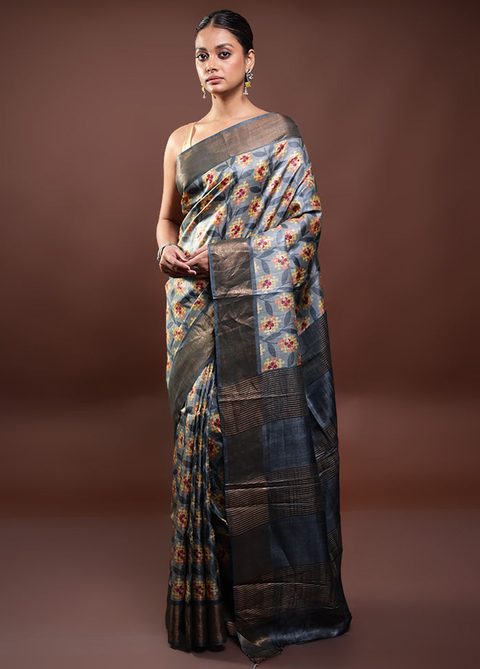 Grey Tussar Silk Saree With Blouse Piece