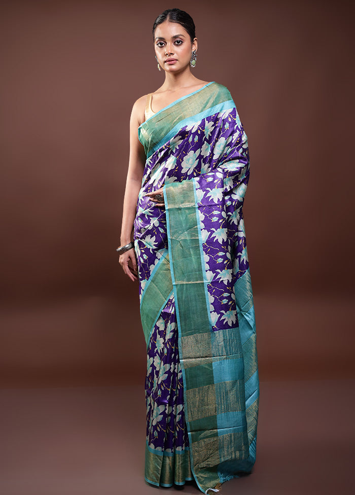 Blue Tussar Silk Saree With Blouse Piece