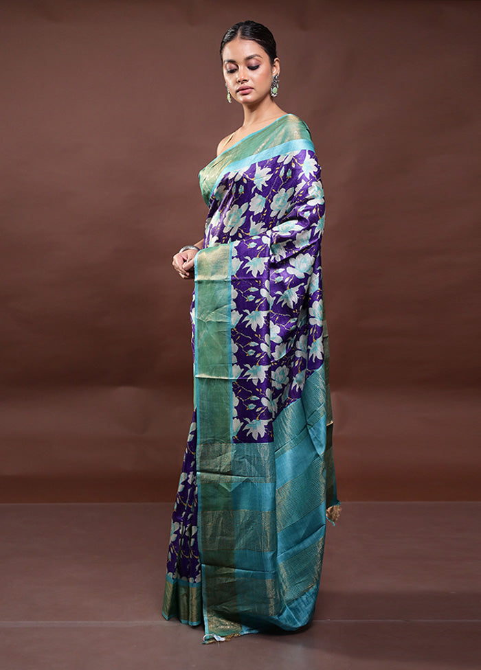 Blue Tussar Silk Saree With Blouse Piece