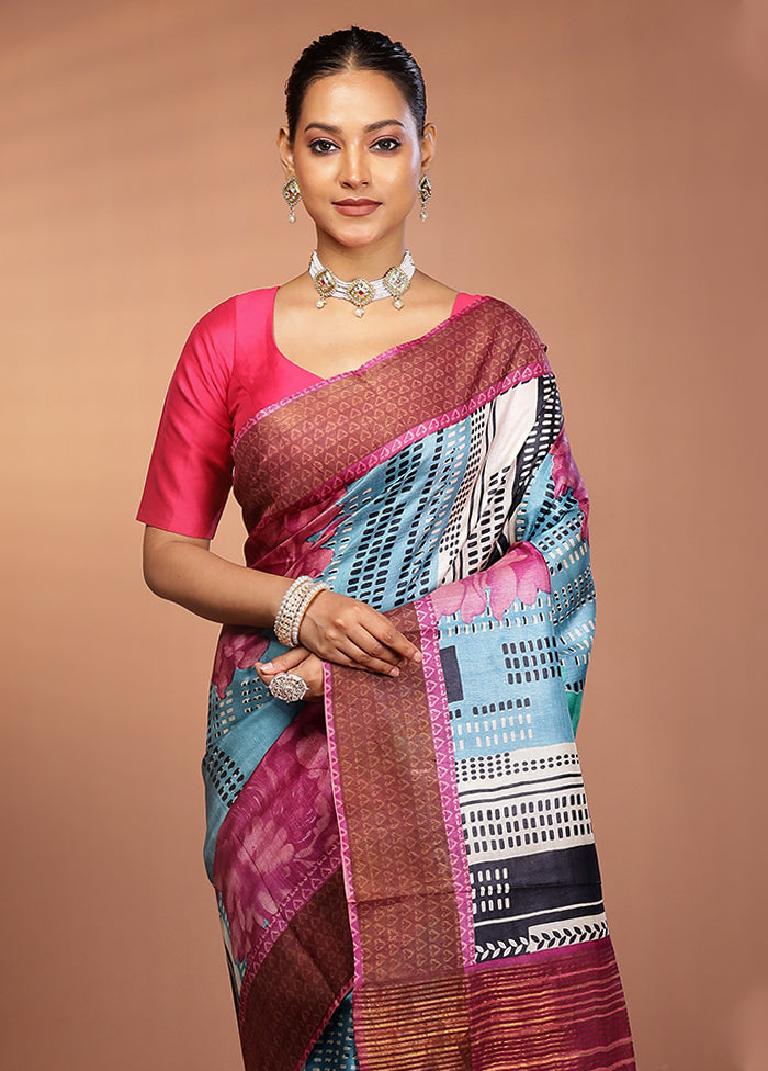 Blue Tussar Silk Saree With Blouse Piece