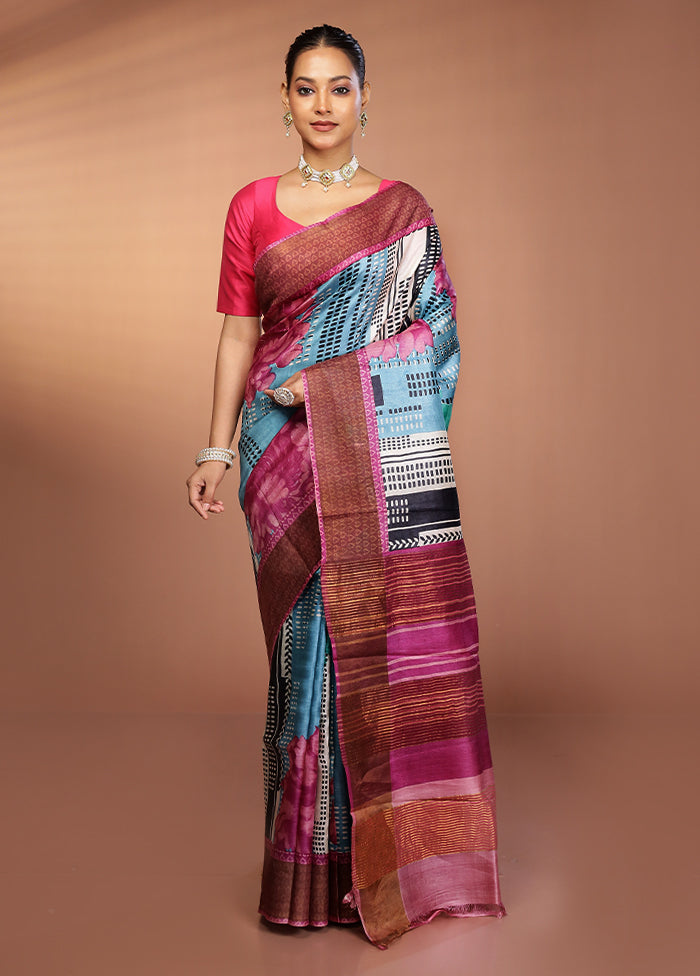 Blue Tussar Silk Saree With Blouse Piece