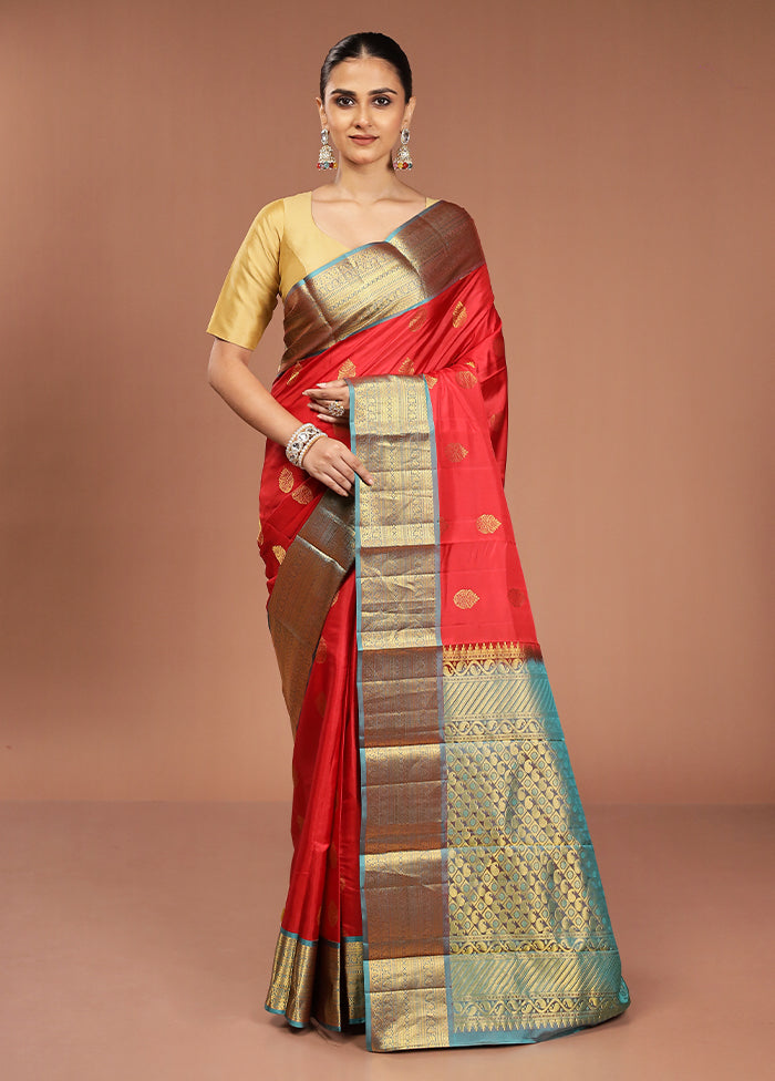 Red Handloom Kanjivaram Pure Silk Saree With Blouse Piece