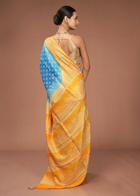 Blue Printed Pure Silk Saree Without Blouse Piece