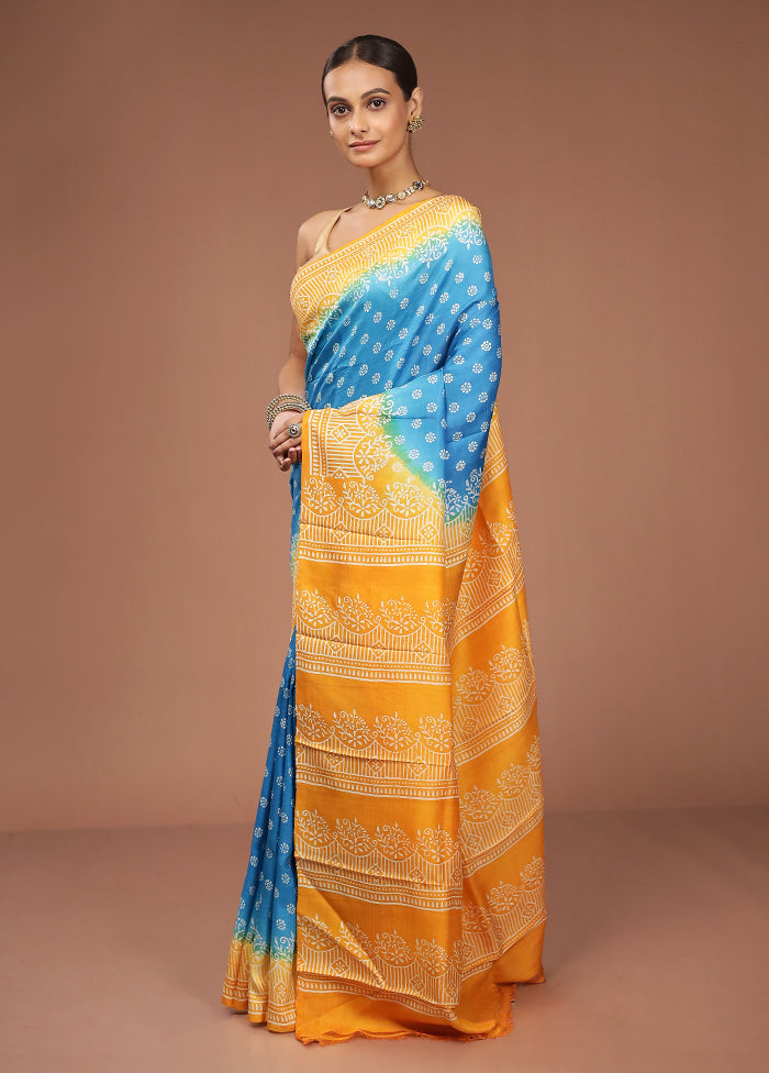 Blue Printed Pure Silk Saree Without Blouse Piece