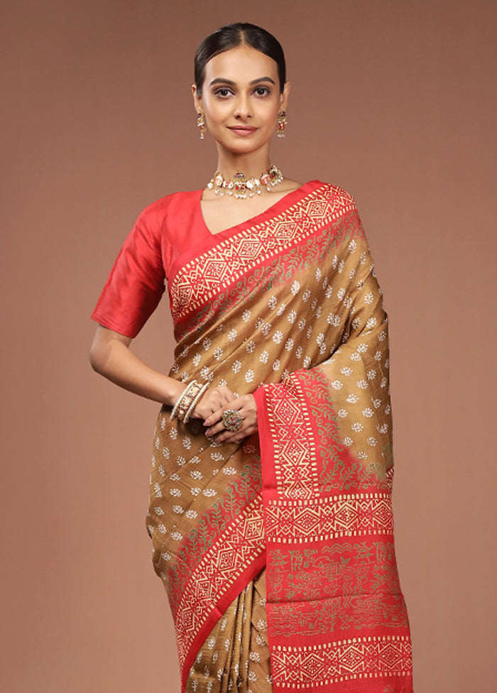 Cream Printed Pure Silk Saree Without Blouse Piece