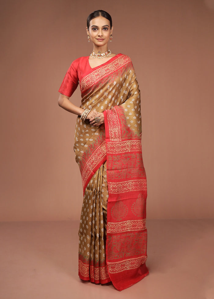 Cream Printed Pure Silk Saree Without Blouse Piece