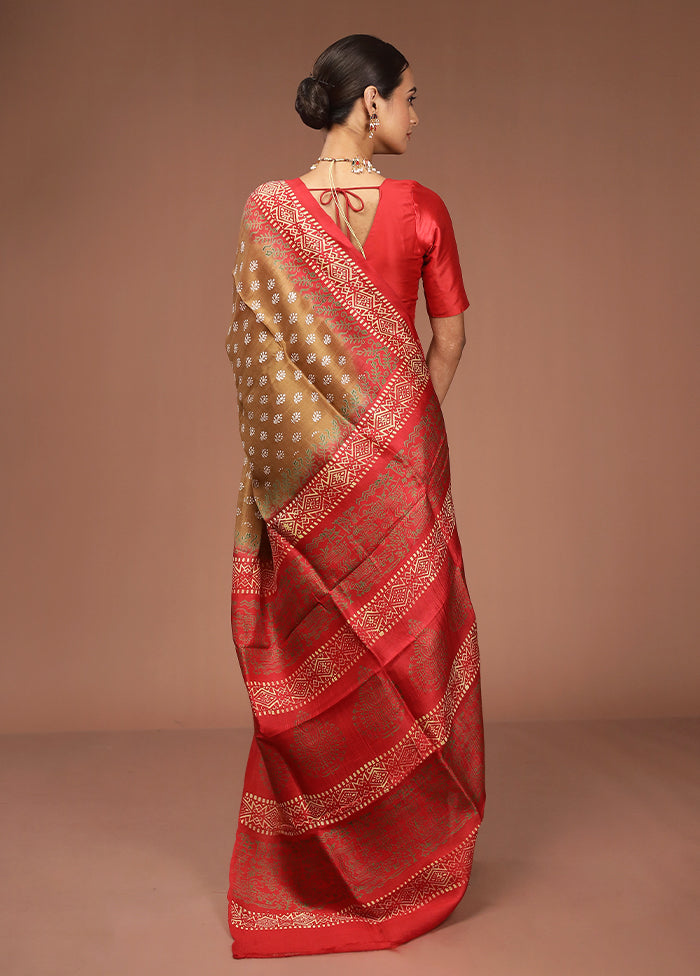 Cream Printed Pure Silk Saree Without Blouse Piece