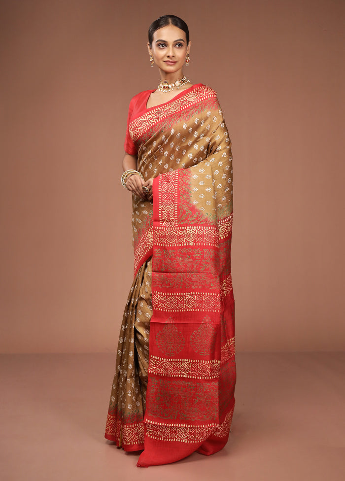 Cream Printed Pure Silk Saree Without Blouse Piece