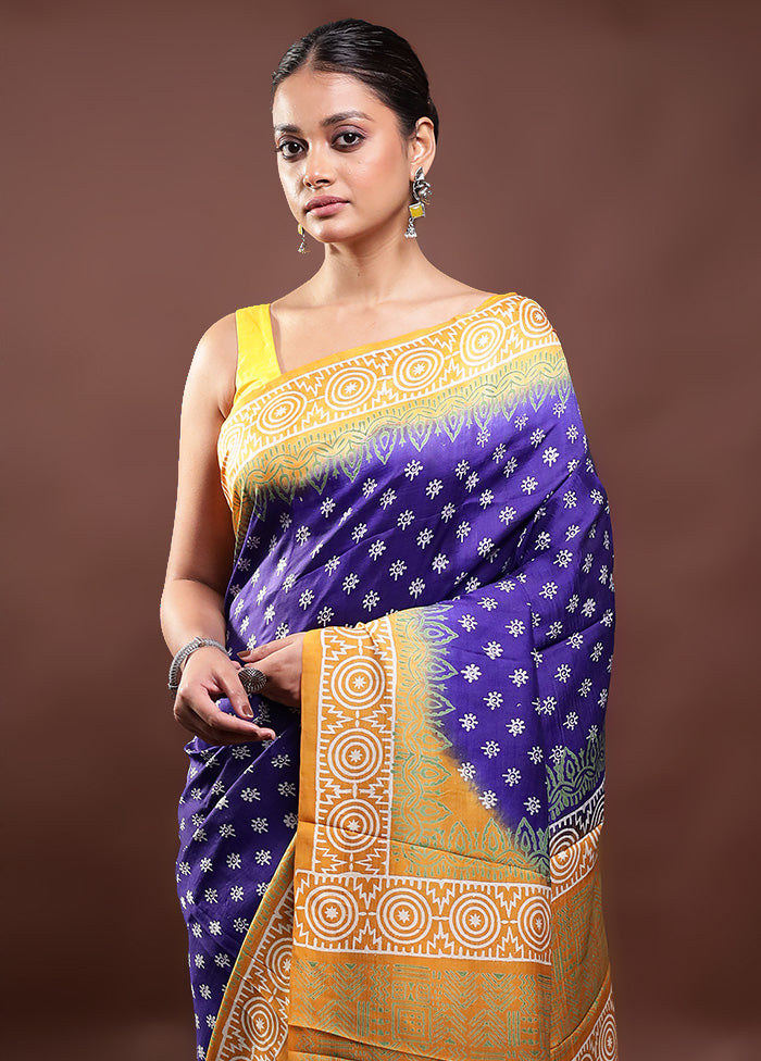 Blue Printed Pure Silk Saree Without Blouse Piece