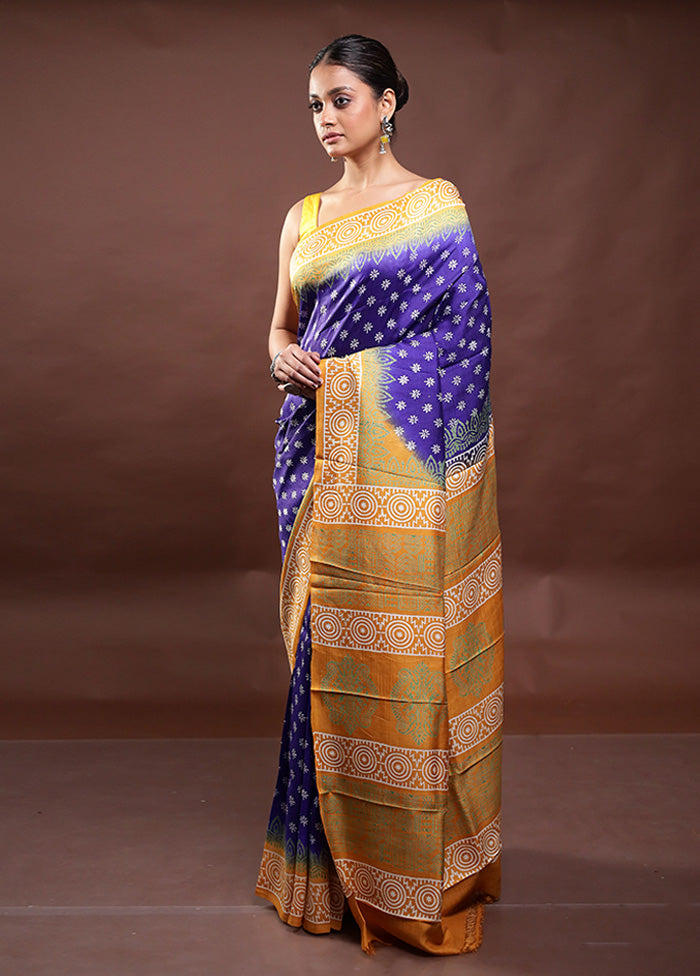 Blue Printed Pure Silk Saree Without Blouse Piece