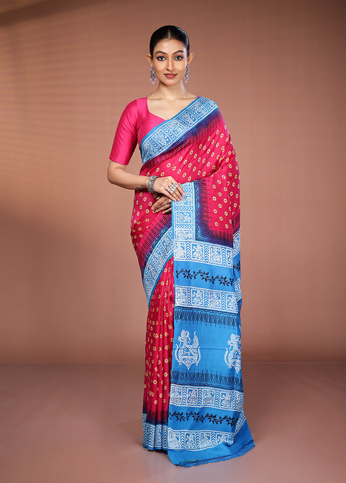Pink Printed Pure Silk Saree Without Blouse Piece