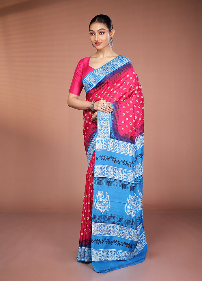 Pink Printed Pure Silk Saree Without Blouse Piece
