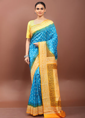 Blue Printed Pure Silk Saree Without Blouse Piece