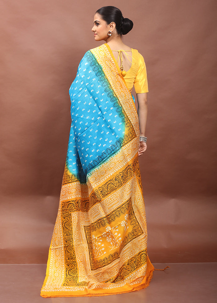 Blue Printed Pure Silk Saree Without Blouse Piece