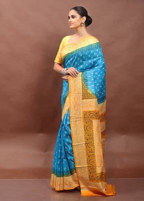 Blue Printed Pure Silk Saree Without Blouse Piece