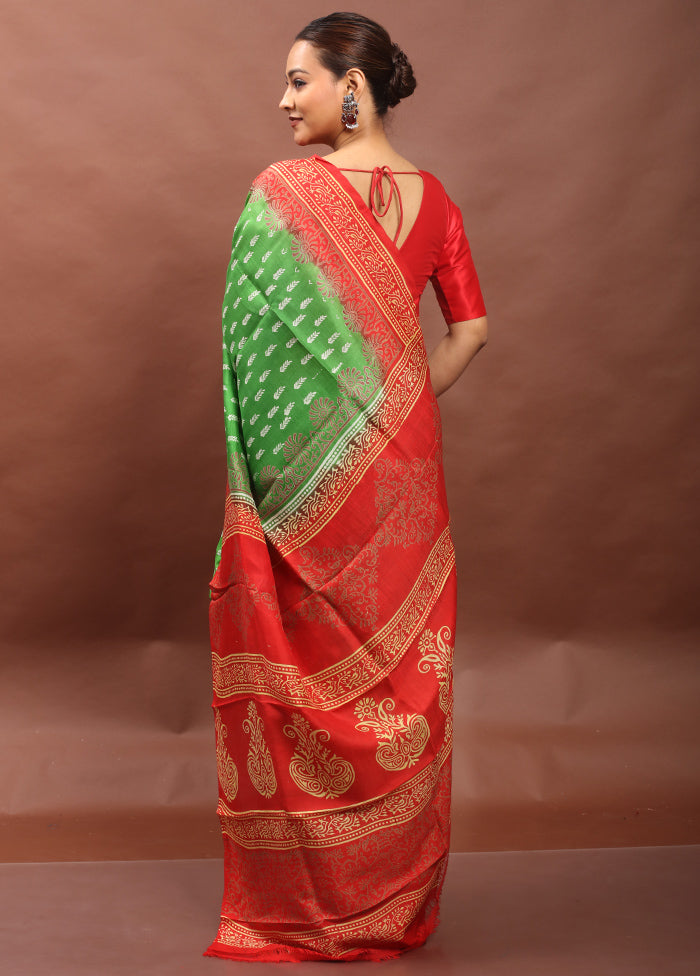 Green Printed Pure Silk Saree Without Blouse Piece