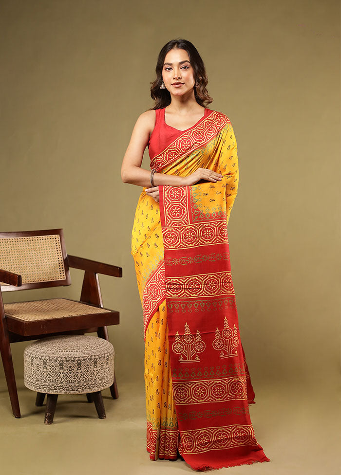 Yellow Printed Pure Silk Saree Without Blouse Piece