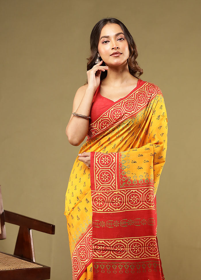 Yellow Printed Pure Silk Saree Without Blouse Piece