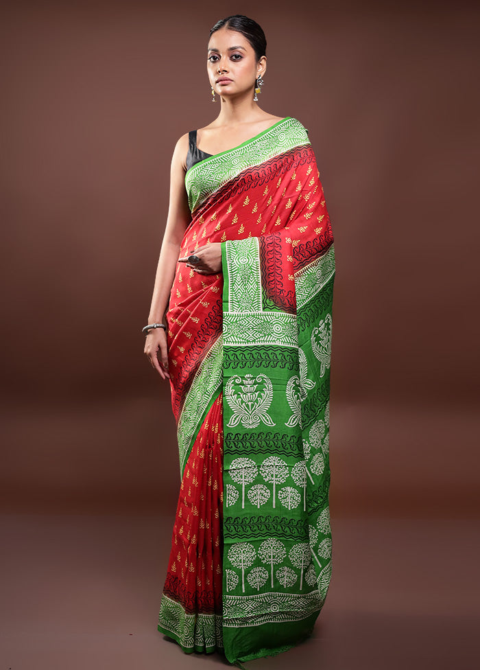 Red Printed Pure Silk Saree Without Blouse Piece