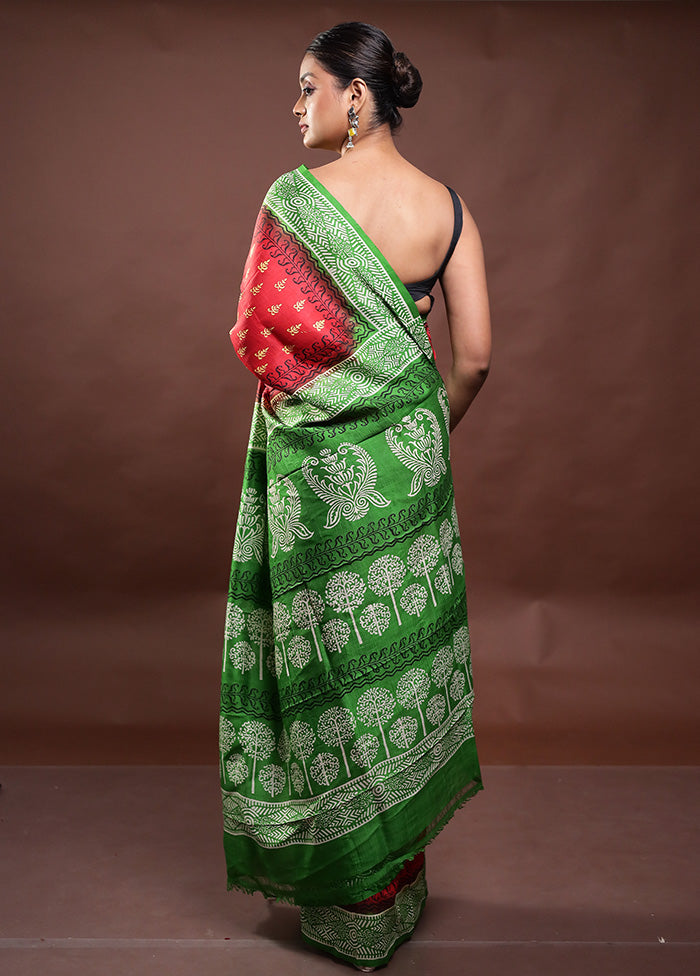 Red Printed Pure Silk Saree Without Blouse Piece