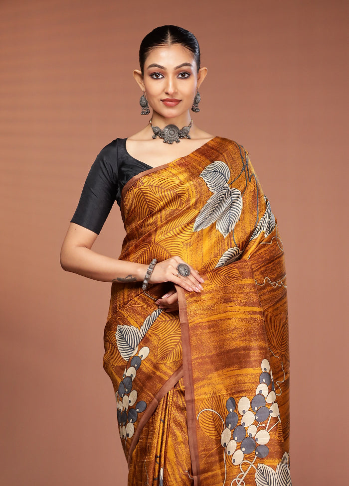 Yellow Printed Pure Silk Saree Without Blouse Piece