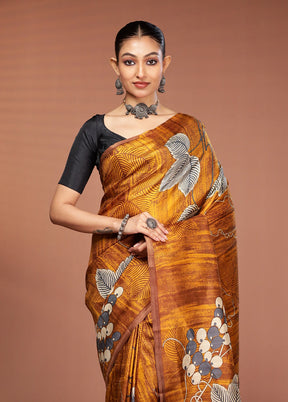 Yellow Printed Pure Silk Saree Without Blouse Piece