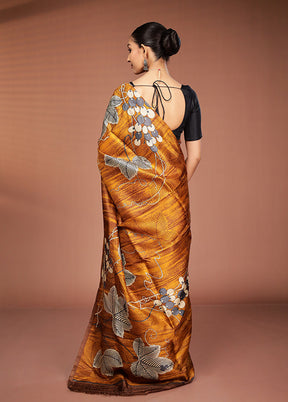 Yellow Printed Pure Silk Saree Without Blouse Piece