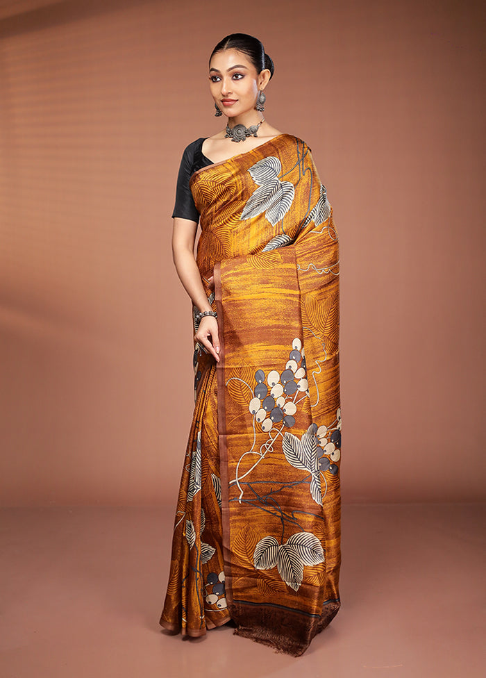 Yellow Printed Pure Silk Saree Without Blouse Piece