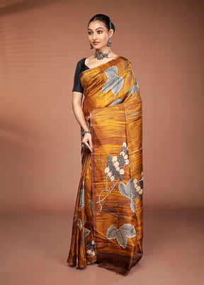Yellow Printed Pure Silk Saree Without Blouse Piece