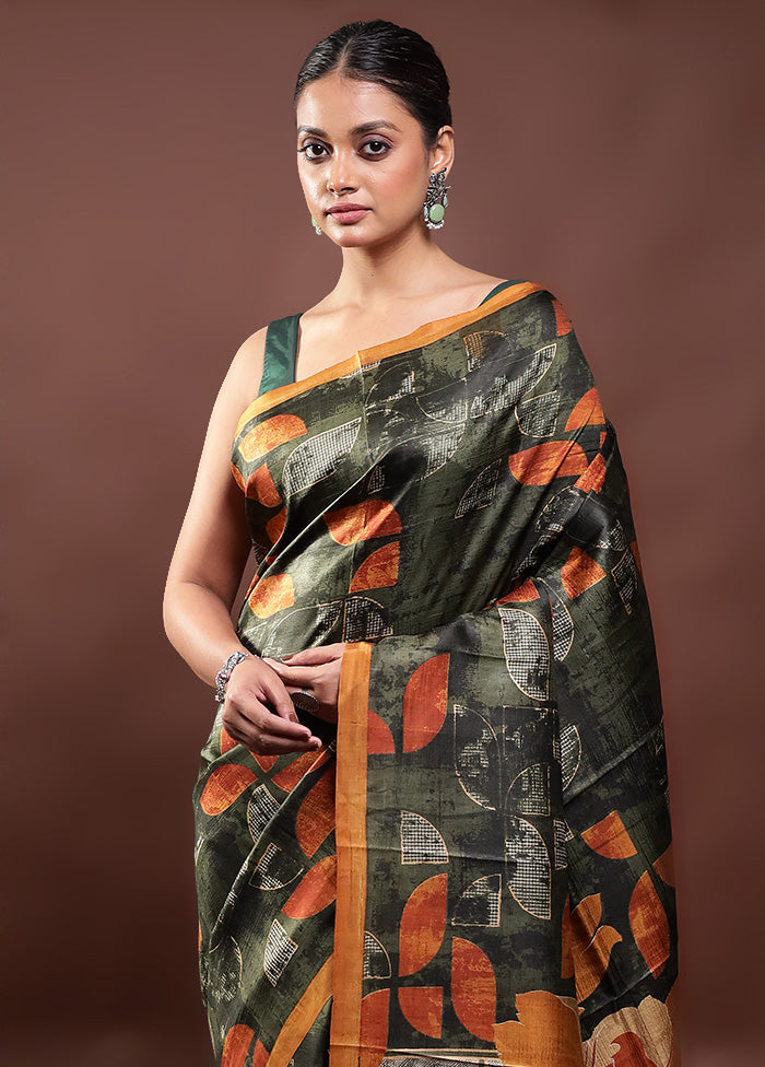 Green Printed Pure Silk Saree Without Blouse Piece