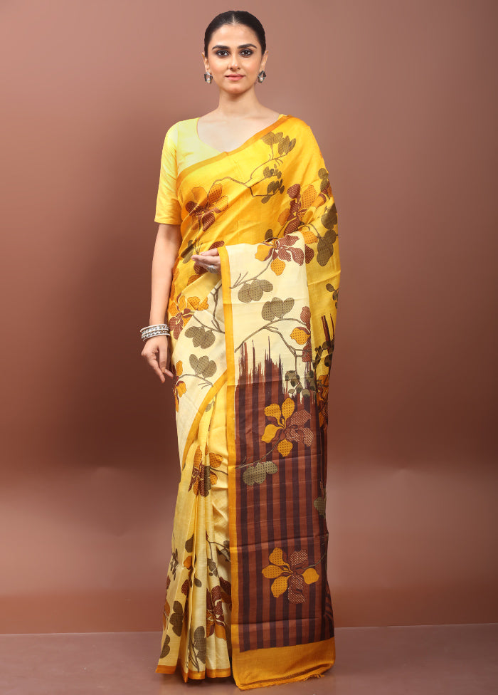 Yellow Printed Pure Silk Saree Without Blouse Piece