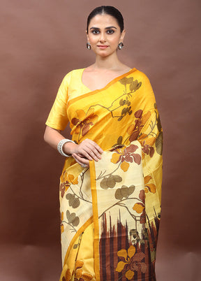 Yellow Printed Pure Silk Saree Without Blouse Piece
