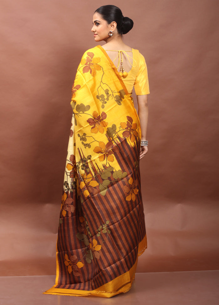 Yellow Printed Pure Silk Saree Without Blouse Piece
